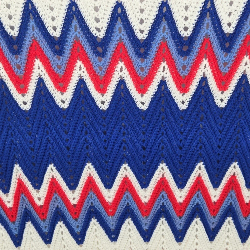 Vintage Handmade Crochet Afghan Blanket With Fringe – Red/White/Blue 72